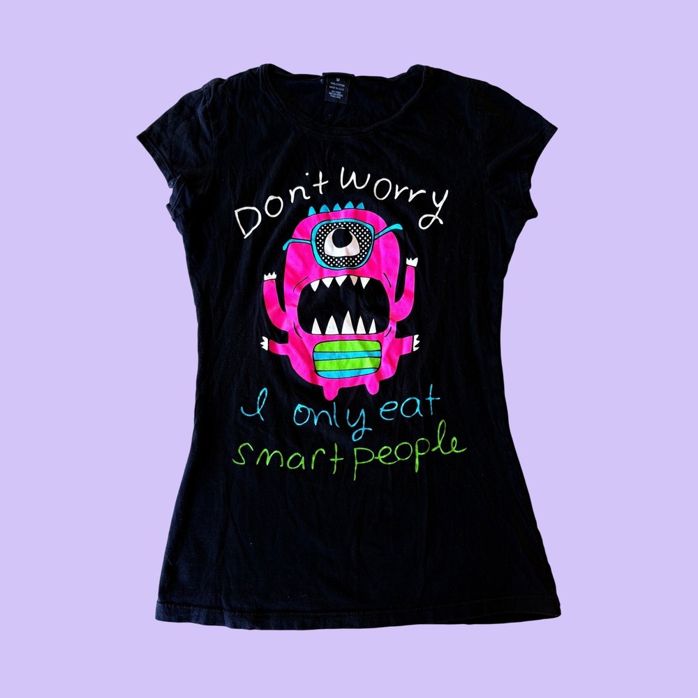 Y2K Rue21 Graphic Baby Tee Don't Worry I Only Eat Smart People Monster Scene #18